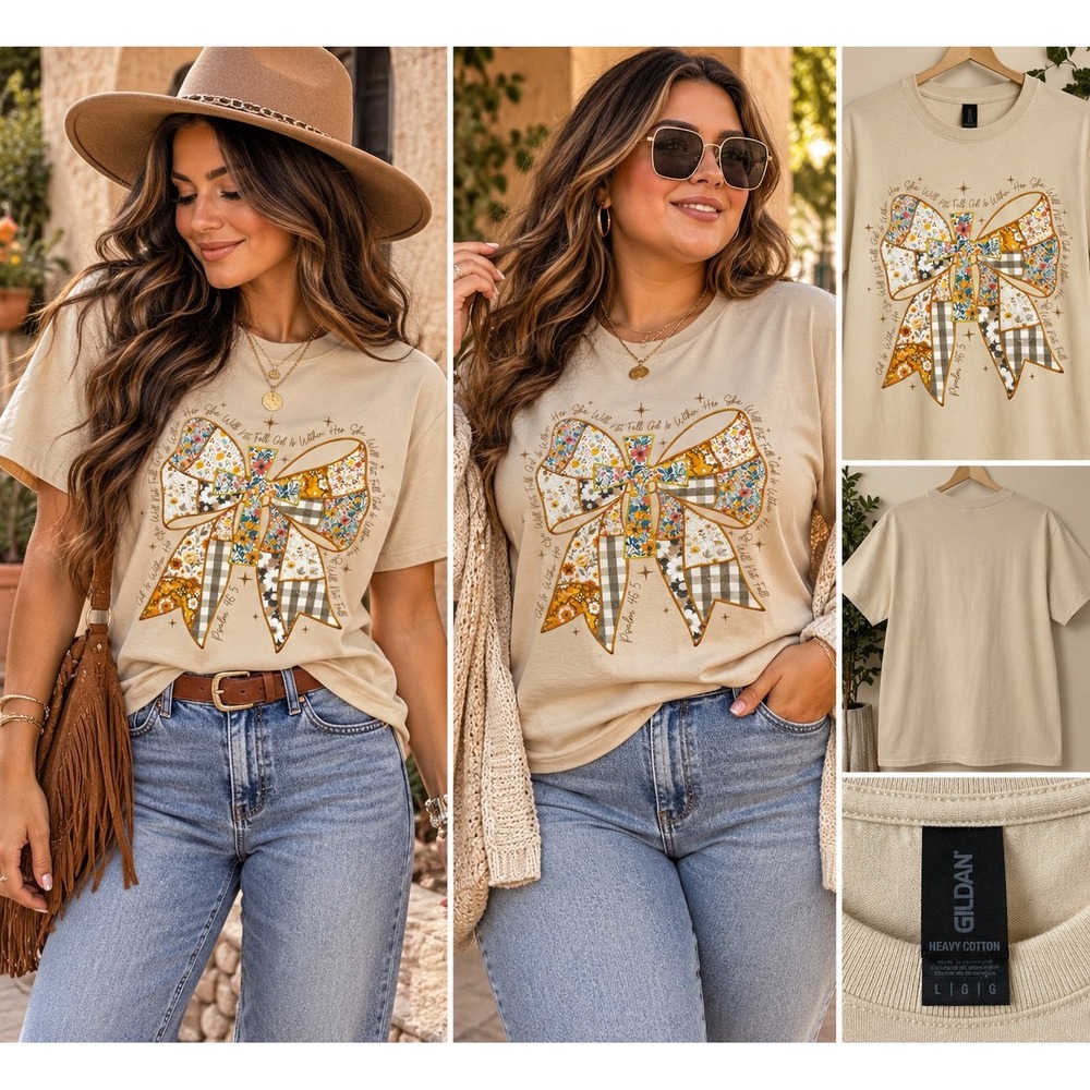 Gildan Psalm 46:5 Christian Graphic T-Shirt Tan Floral Bow Cross Large
